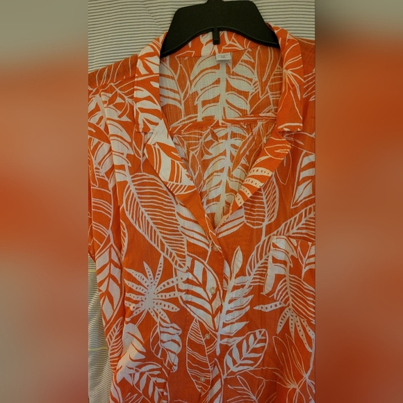 Old Navy Peach & White Tropical Hawaiian Design Button Up & Tie at Waist XXL Top - Picture 5 of 7